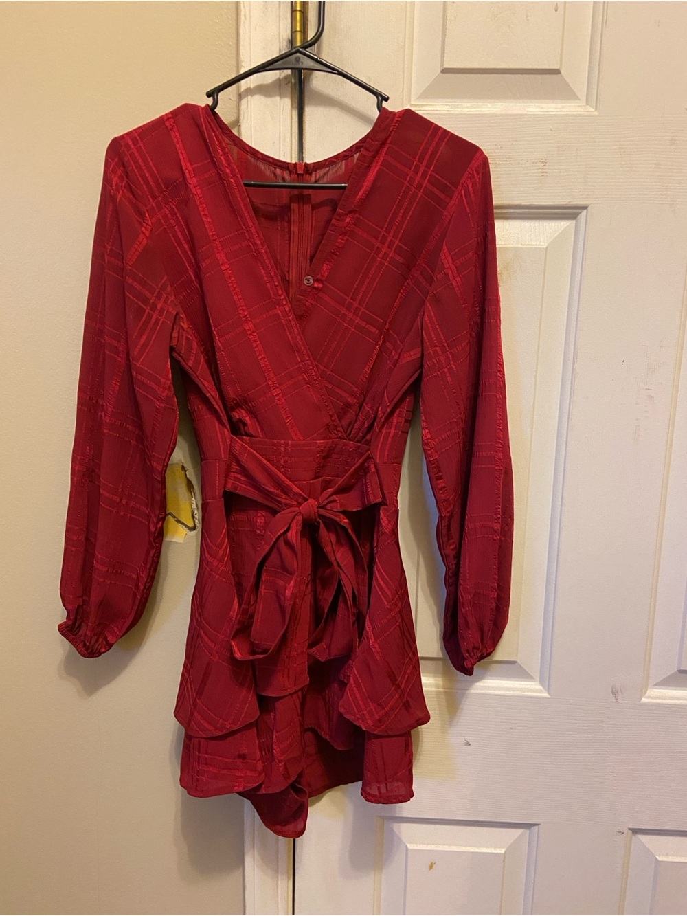 Red Wrap-Style Layered Long Sleeve Romper Dress with Waist Tie
